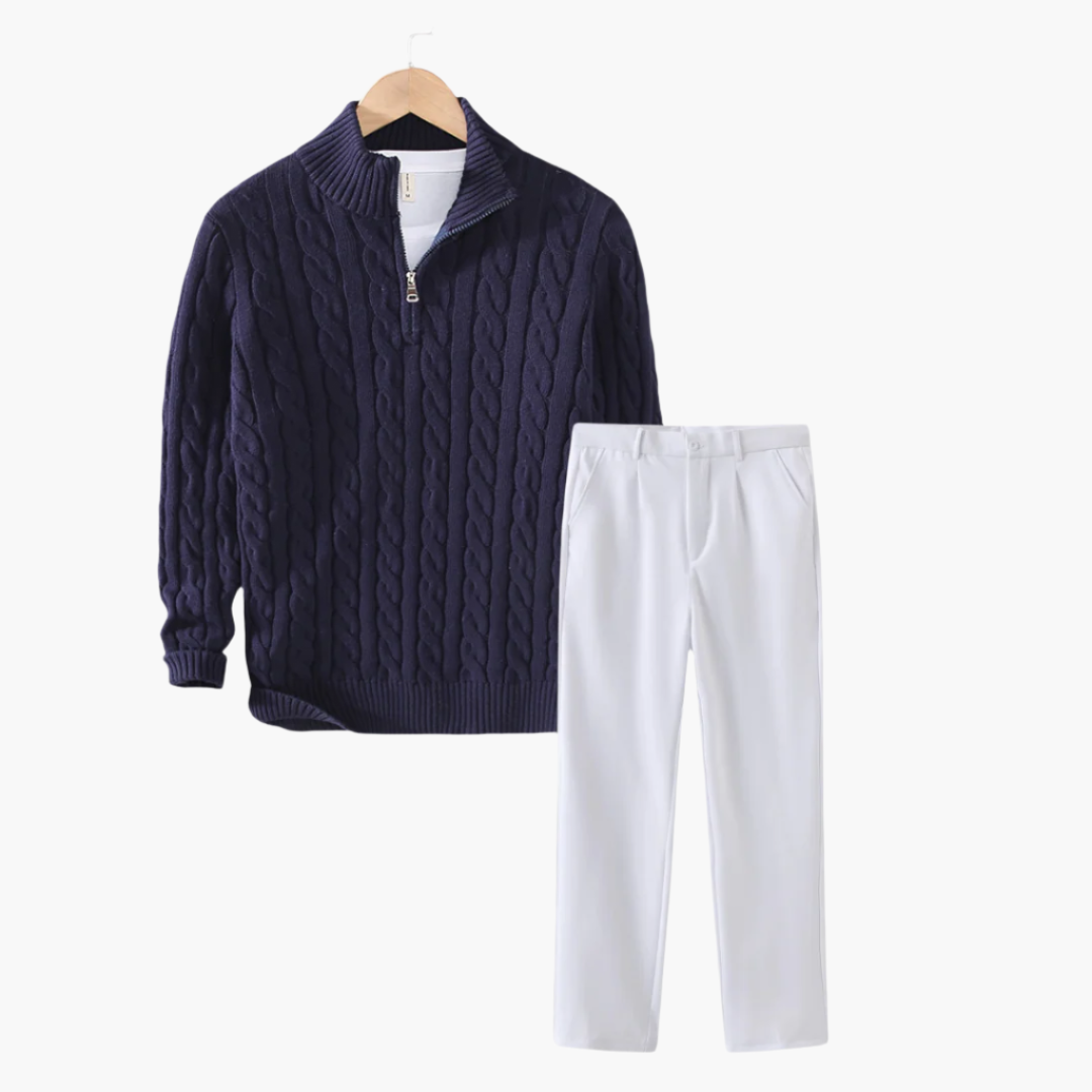 Shop the Look: Cable Knit Half-Zip Sweater + Slim Fit Trousers