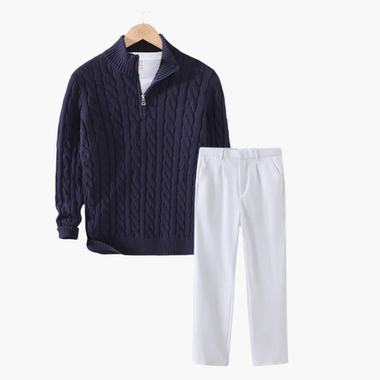 Shop the Look: Cable Knit Half-Zip Sweater + Slim Fit Trousers