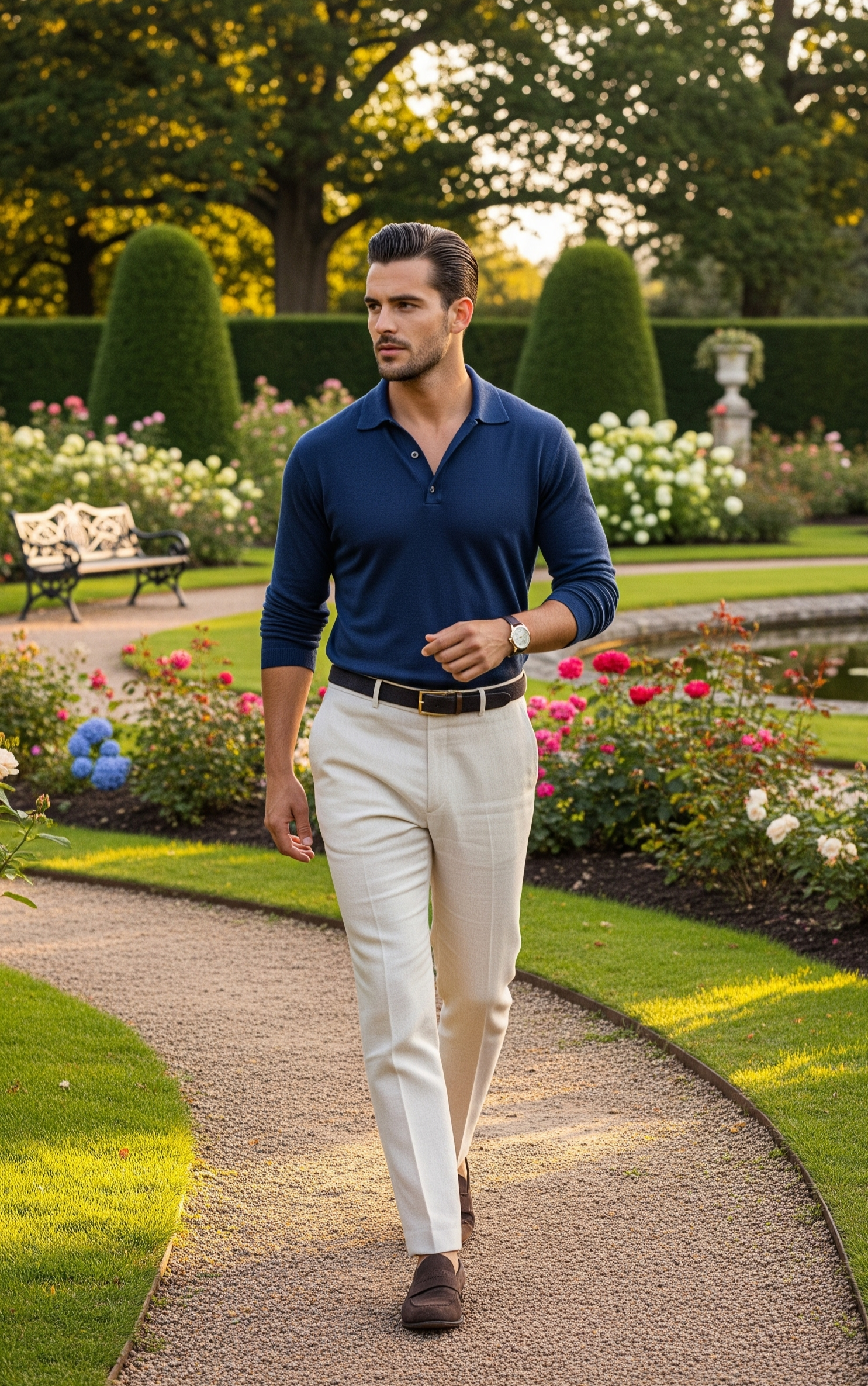 Elegant man wearing Ummati clothing in old-money style, combining timeless elegance with modest fits.